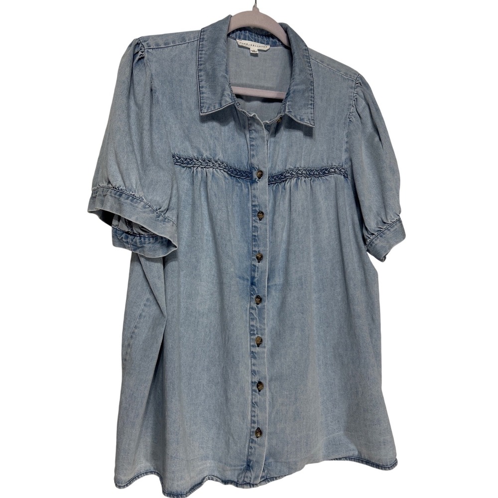 Jane + Delancey Womens 1X Light Wash Denim Braided Trim Short Sleeve Button Down